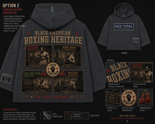 A dark hoodie shown from both front and back on a black background, with detailed design mockups and text overlays explaining features such as embroidered construction, city graphics, and a Box Total label. The hoodie design features large 'Black American Boxing Heritage' text and multiple vintage boxing city panels.
